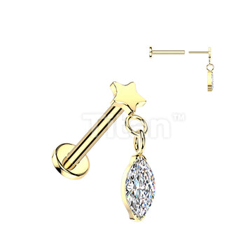 Titanium Threadless Push In Flat Back Labret With Flat Star Top And Marquise CZ Dangle - Image 2