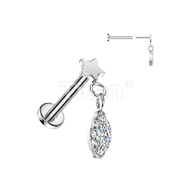 Titanium Threadless Push In Flat Back Labret With Flat Star Top And Marquise CZ Dangle - Image 3