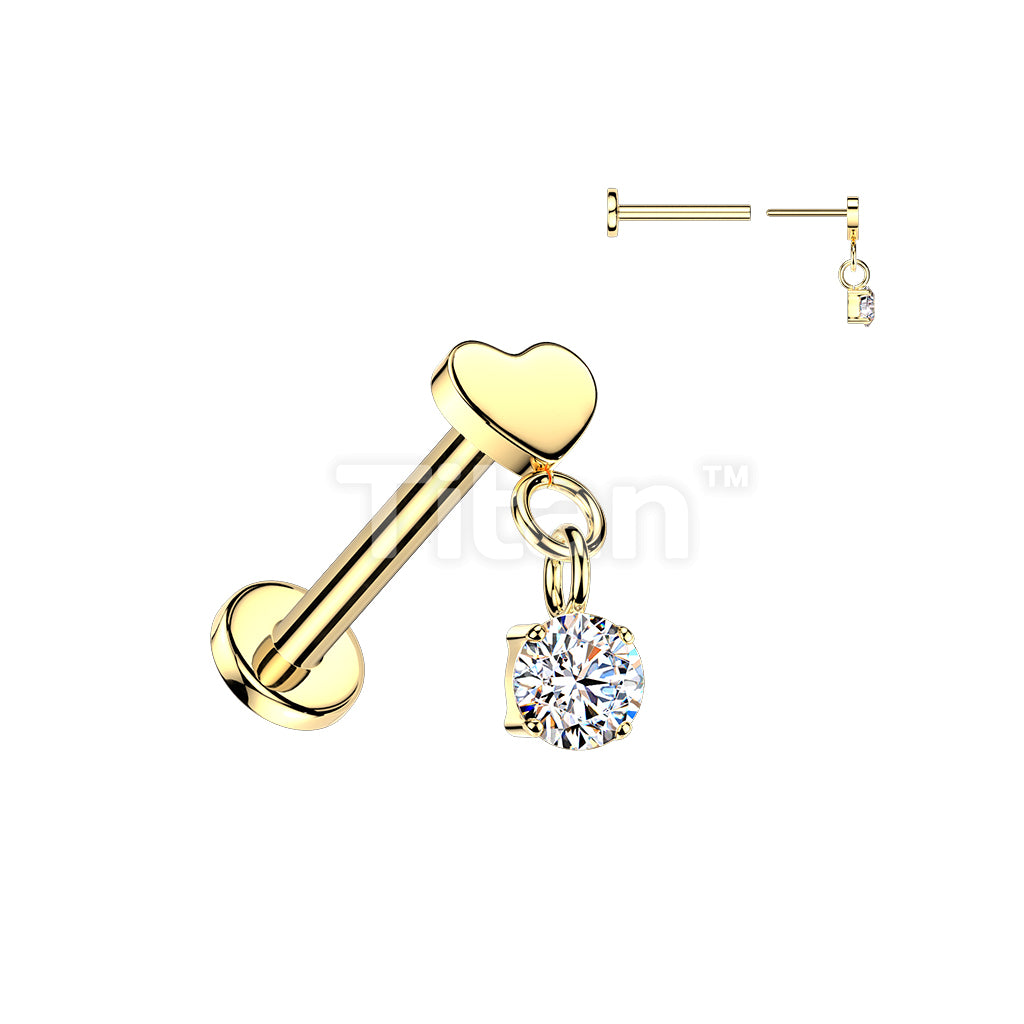 Titanium Threadless Push In Flat Back Labret With Flat Heart Top And Round CZ Dangle - Image 2