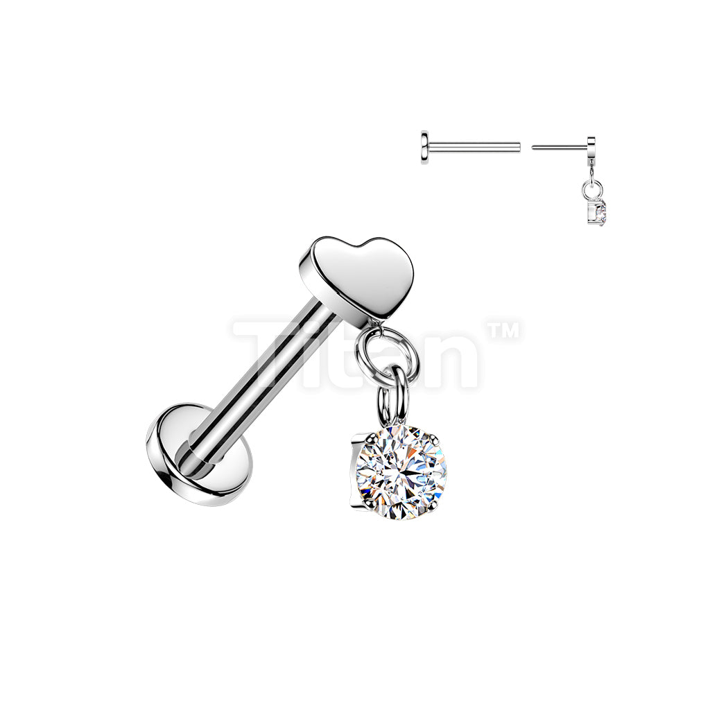 Titanium Threadless Push In Flat Back Labret With Flat Heart Top And Round CZ Dangle - Image 3
