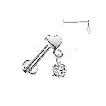 Titanium Threadless Push In Flat Back Labret With Flat Heart Top And Round CZ Dangle - Image 3