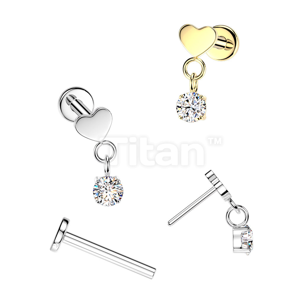 Titanium Threadless Push In Flat Back Labret With Flat Heart Top And Round CZ Dangle