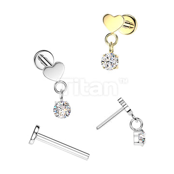 Titanium Threadless Push In Flat Back Labret With Flat Heart Top And Round CZ Dangle