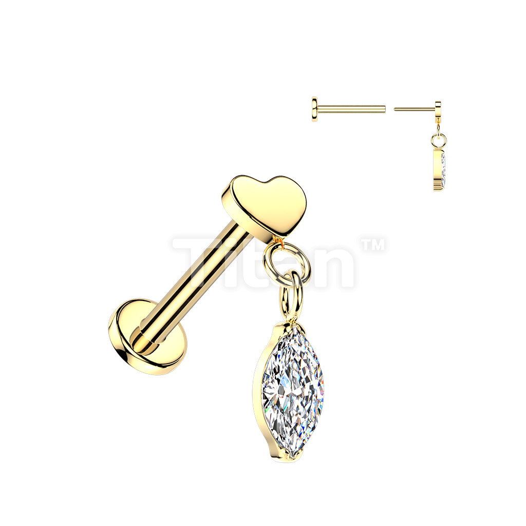 Titanium Threadless Push In Flat Back Labret With Flat Heart Top And Marquise CZ Dangle - Image 2