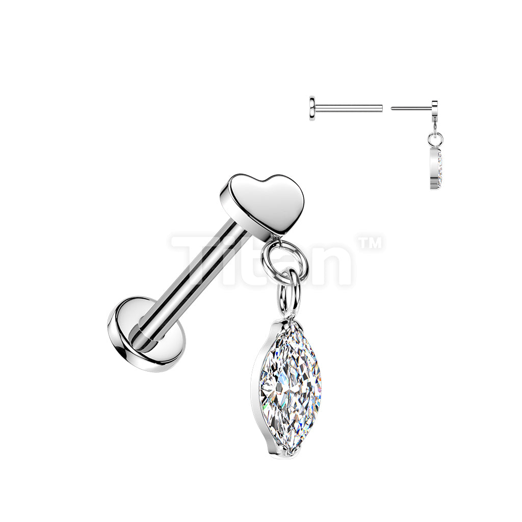 Titanium Threadless Push In Flat Back Labret With Flat Heart Top And Marquise CZ Dangle - Image 3