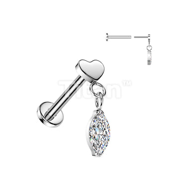 Titanium Threadless Push In Flat Back Labret With Flat Heart Top And Marquise CZ Dangle - Image 3