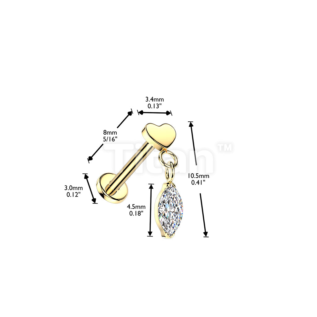 Titanium Threadless Push In Flat Back Labret With Flat Heart Top And Marquise CZ Dangle - Image 4