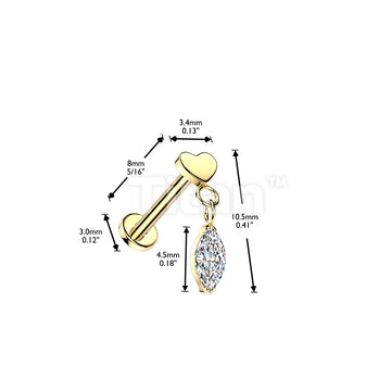 Titanium Threadless Push In Flat Back Labret With Flat Heart Top And Marquise CZ Dangle - Image 4
