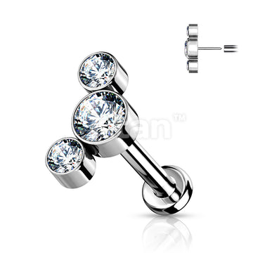Implant Grade Titanium Threadless Push in Labret With 3 Round Bezel Set CZ Curved Top - Image 4
