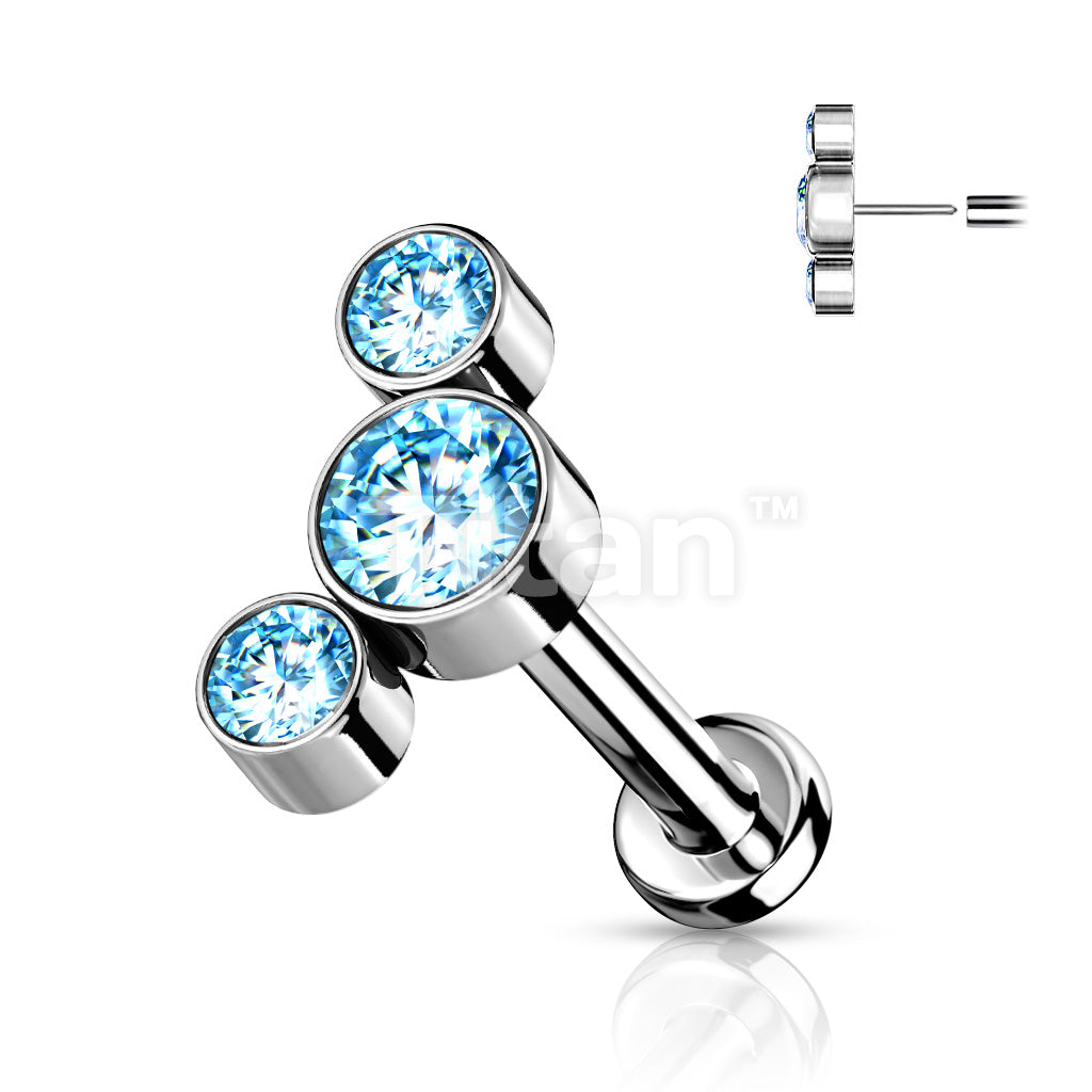 Implant Grade Titanium Threadless Push in Labret With 3 Round Bezel Set CZ Curved Top - Image 6