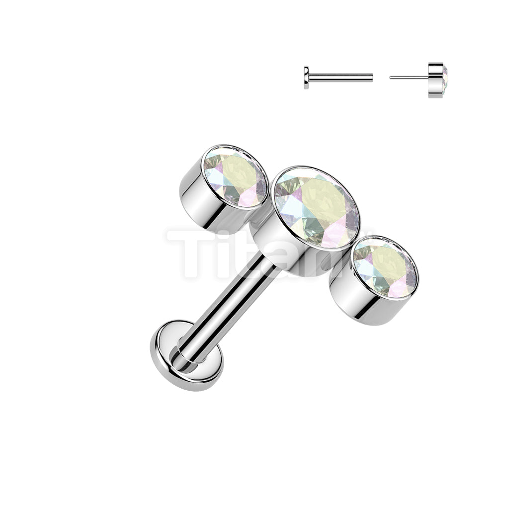 Titanium Threadless Push In Labret With 3 Round Bezel Set CZ Curve Top - Image 2