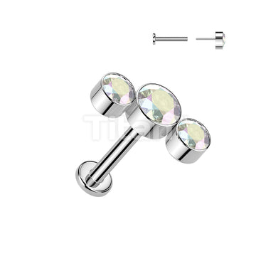 Titanium Threadless Push In Labret With 3 Round Bezel Set CZ Curve Top - Image 2