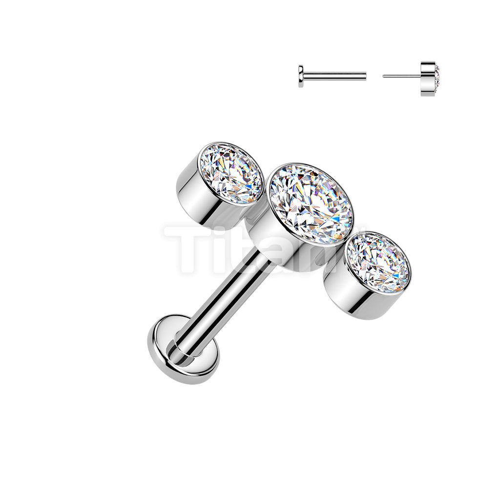 Titanium Threadless Push In Labret With 3 Round Bezel Set CZ Curve Top - Image 3