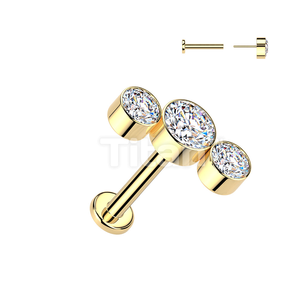 Titanium Threadless Push In Labret With 3 Round Bezel Set CZ Curve Top - Image 4
