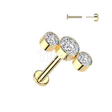 Titanium Threadless Push In Labret With 3 Round Bezel Set CZ Curve Top - Image 4