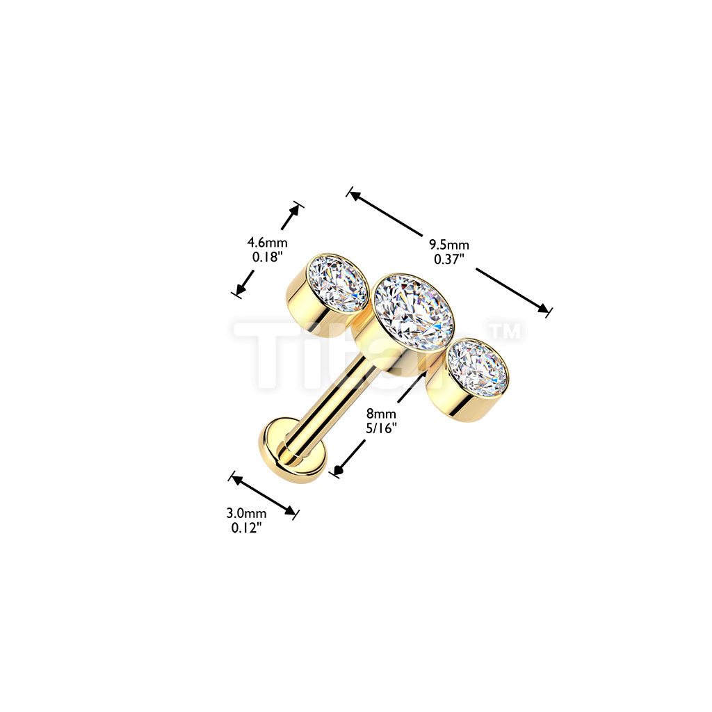 Titanium Threadless Push In Labret With 3 Round Bezel Set CZ Curve Top - Image 5