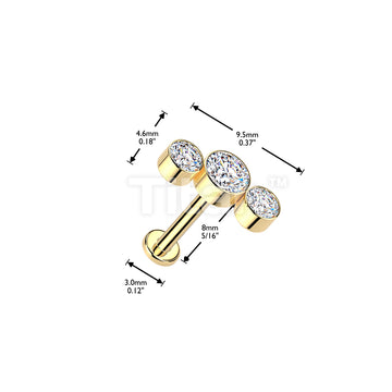Titanium Threadless Push In Labret With 3 Round Bezel Set CZ Curve Top - Image 5