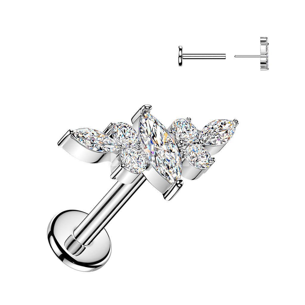 Titanium Threadless Push In Flat Back Labret With Marquise CZ Wing Top - Image 2