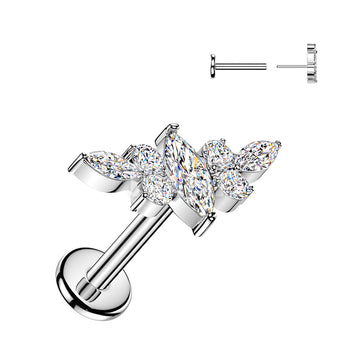 Titanium Threadless Push In Flat Back Labret With Marquise CZ Wing Top - Image 2