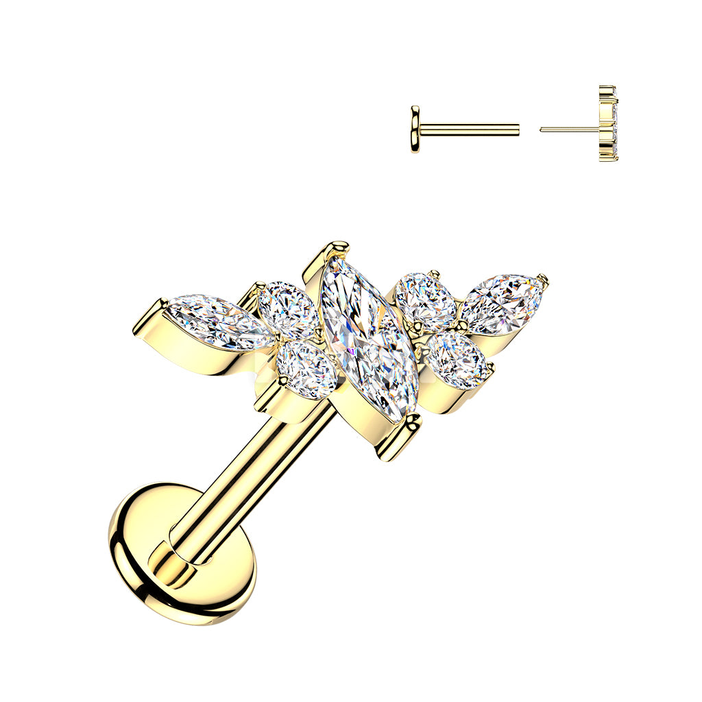 Titanium Threadless Push In Flat Back Labret With Marquise CZ Wing Top - Image 3