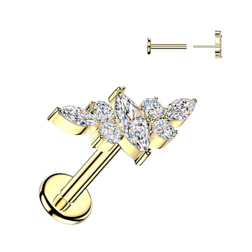 Titanium Threadless Push In Flat Back Labret With Marquise CZ Wing Top - Image 3