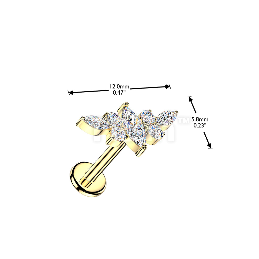 Titanium Threadless Push In Flat Back Labret With Marquise CZ Wing Top - Image 4