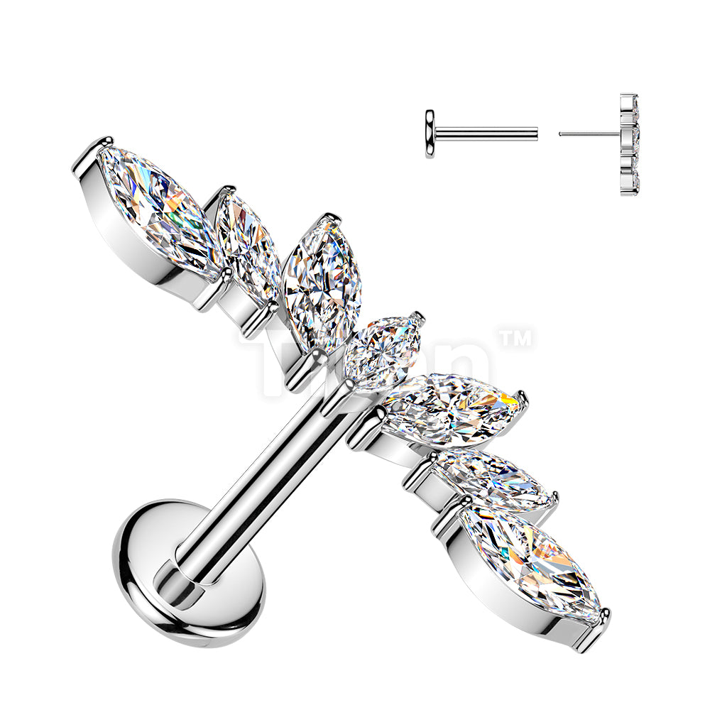 Titanium Threadless Push In Labret With 7 Marquise CZ Wide Fan Top - Image 2
