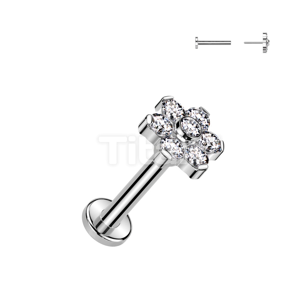 Implant Grade Titanium Threadless Push In Labret With CZ Flower Top and Bezel Set Center and Prong Set Petals - Image 2