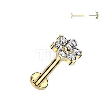 Implant Grade Titanium Threadless Push In Labret With CZ Flower Top and Bezel Set Center and Prong Set Petals - Image 3
