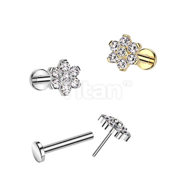 Implant Grade Titanium Threadless Push In Labret With CZ Flower Top and Bezel Set Center and Prong Set Petals