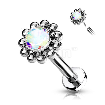 Implant Grade Titanium Threadless Push In Labret With Bezel Set CZ Center and Beaded Ball Edge - Image 3