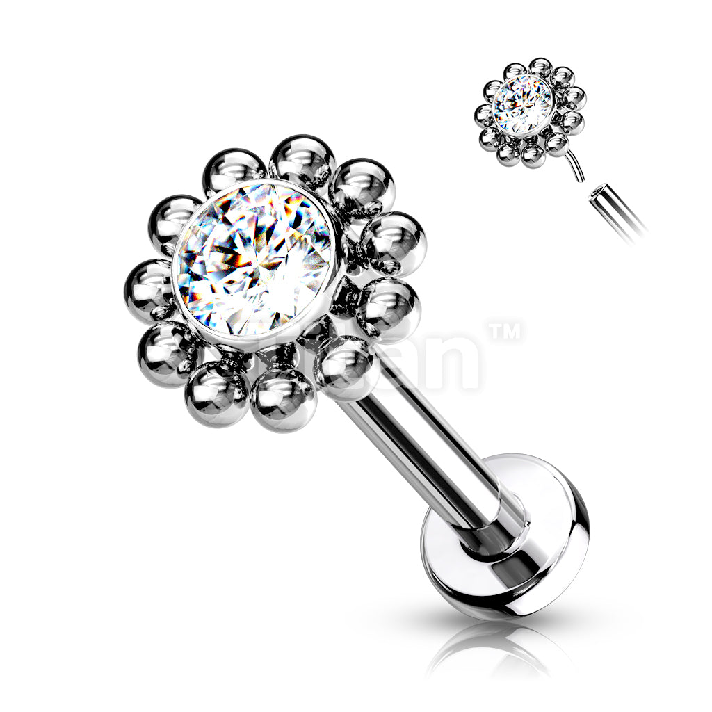 Implant Grade Titanium Threadless Push In Labret With Bezel Set CZ Center and Beaded Ball Edge - Image 4