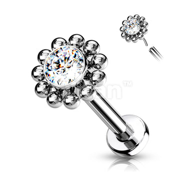 Implant Grade Titanium Threadless Push In Labret With Bezel Set CZ Center and Beaded Ball Edge - Image 4