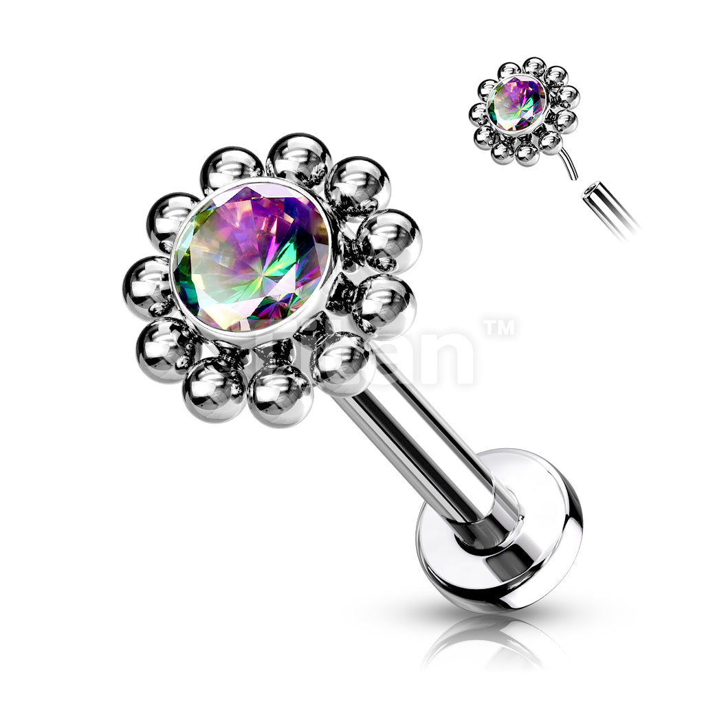 Implant Grade Titanium Threadless Push In Labret With Bezel Set CZ Center and Beaded Ball Edge - Image 5