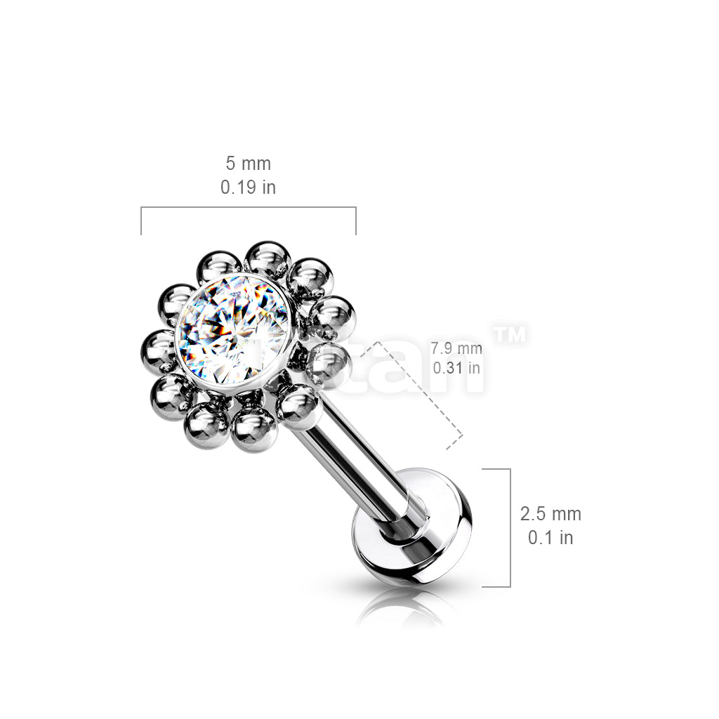 Implant Grade Titanium Threadless Push In Labret With Bezel Set CZ Center and Beaded Ball Edge - Image 6
