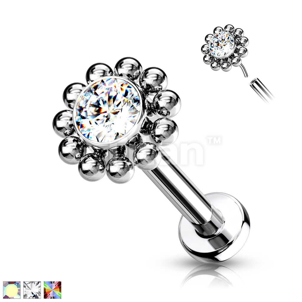 Implant Grade Titanium Threadless Push In Labret With Bezel Set CZ Center and Beaded Ball Edge - Image 2
