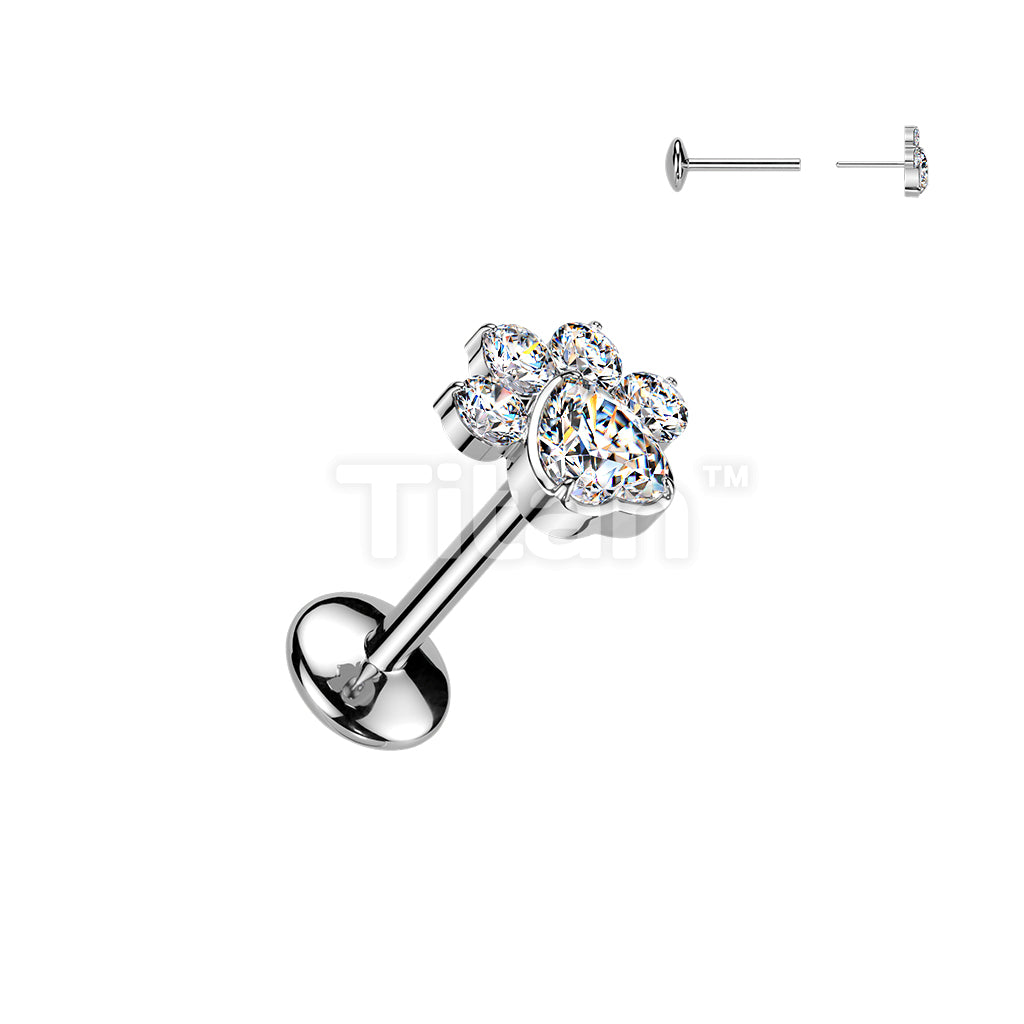 Implant Grade Titanium Threadless Push In Convex Base Labret, Flat Back Stud With CZ Paw Top - Image 2