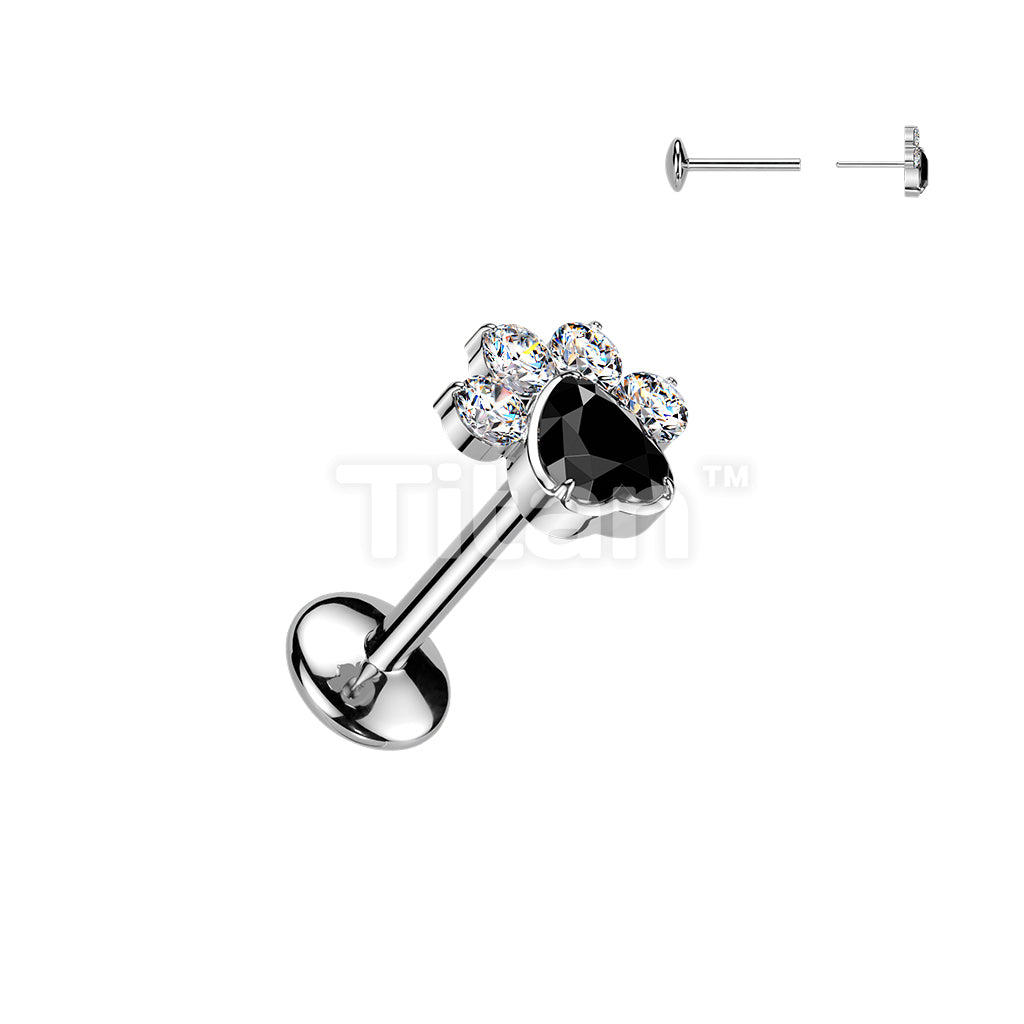 Implant Grade Titanium Threadless Push In Convex Base Labret, Flat Back Stud With CZ Paw Top - Image 5