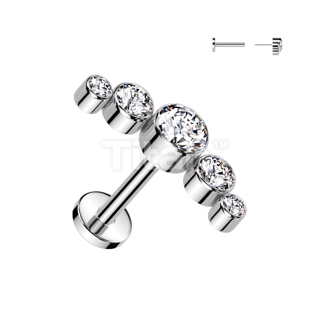 Implant Grade Titanium Threadless Push In Labret With 5 Round Bezel Set Swarovski Crystal Curve Top - Image 2