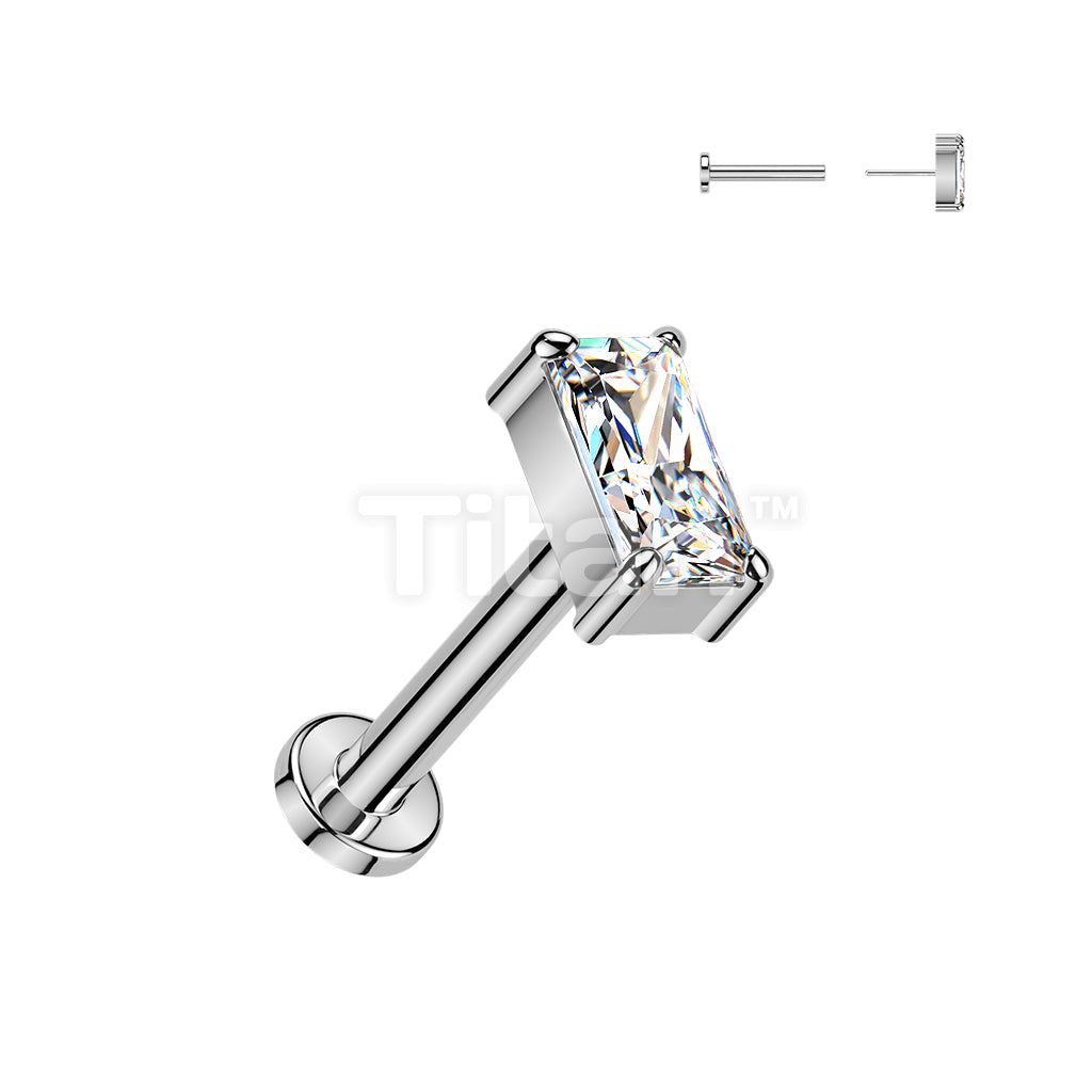 Titanium Threadless Push In Flat Back Stud With Rectangle CZ Top - Image 2