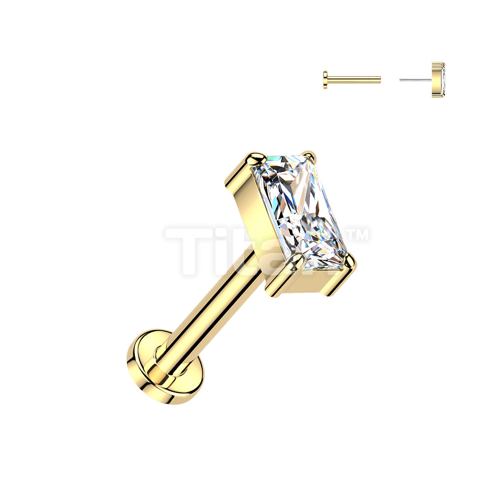 Titanium Threadless Push In Flat Back Stud With Rectangle CZ Top - Image 3