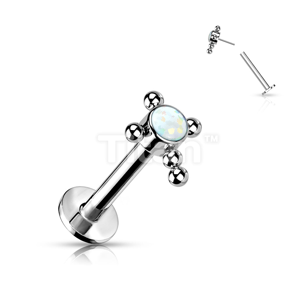 Implant Grade Titanium Threadless Push In Labret With Bezel Set CZ or Opal Center Beaded Ball Cross Top - Image 6