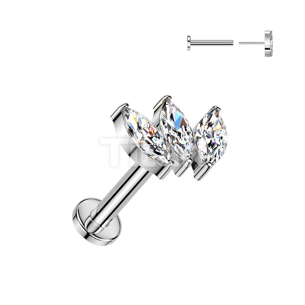Titanium Threadless Push In Flat Back Stud With 3 Marquise CZ Top - Image 2