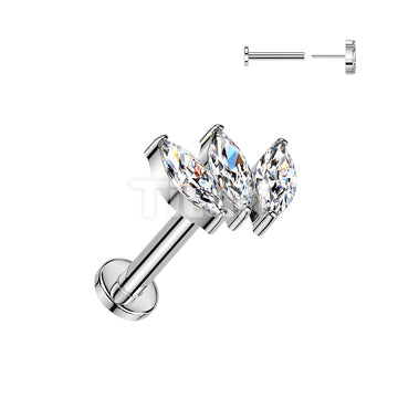 Titanium Threadless Push In Flat Back Stud With 3 Marquise CZ Top - Image 2