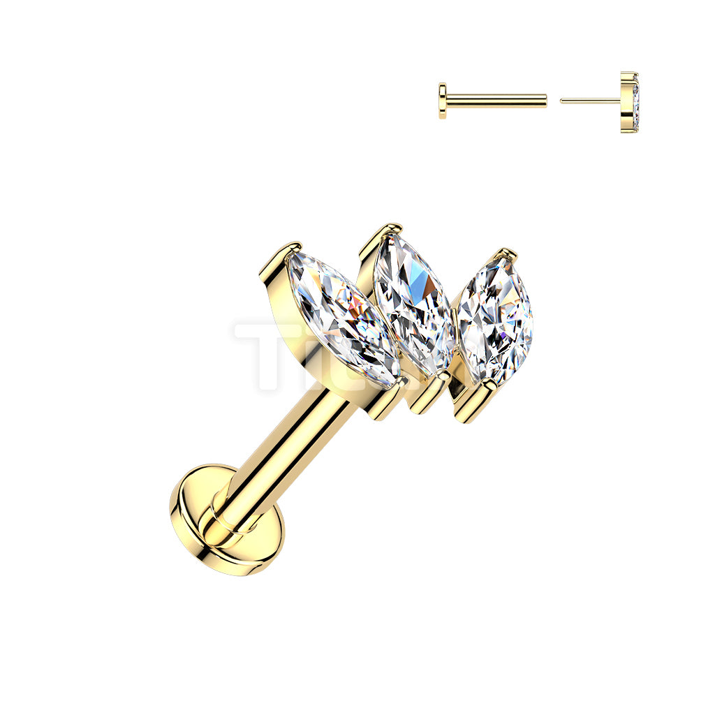 Titanium Threadless Push In Flat Back Stud With 3 Marquise CZ Top - Image 3