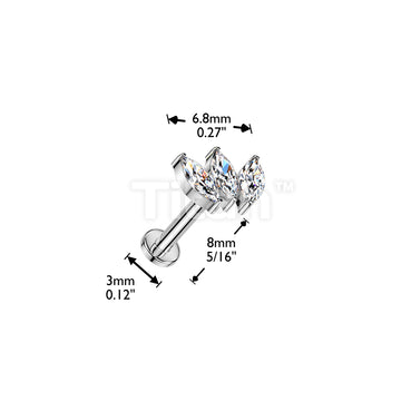 Titanium Threadless Push In Flat Back Stud With 3 Marquise CZ Top - Image 4