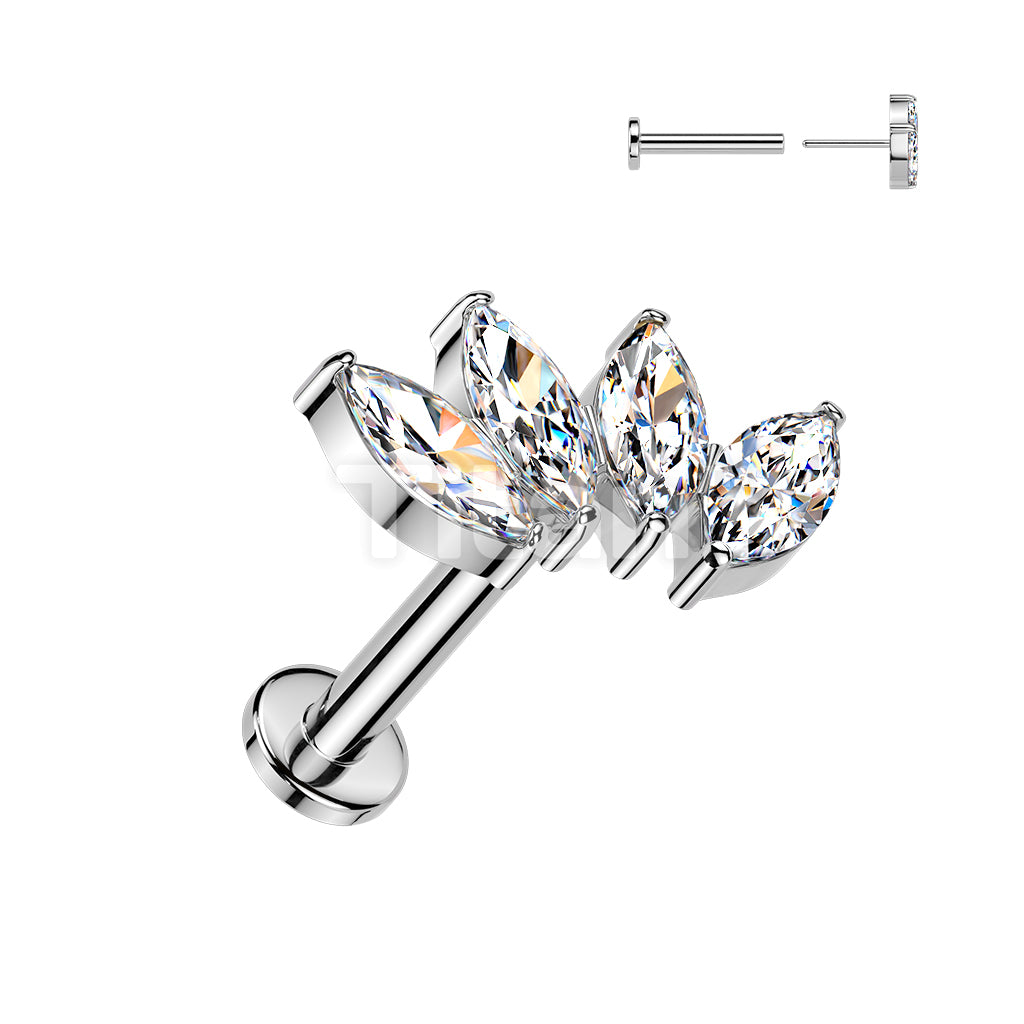 Titanium Threadless Push In Flat Back Stud With 4 Marquise CZ Fan Top - Image 2