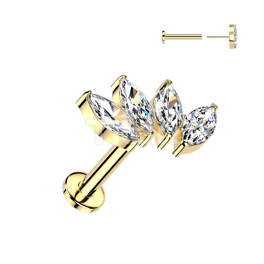 Titanium Threadless Push In Flat Back Stud With 4 Marquise CZ Fan Top - Image 3