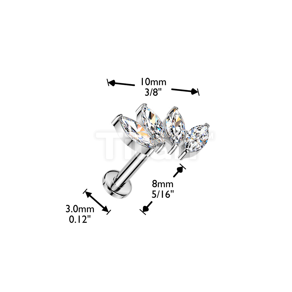 Titanium Threadless Push In Flat Back Stud With 4 Marquise CZ Fan Top - Image 4