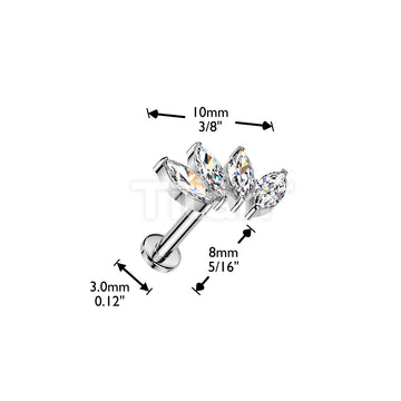 Titanium Threadless Push In Flat Back Stud With 4 Marquise CZ Fan Top - Image 4